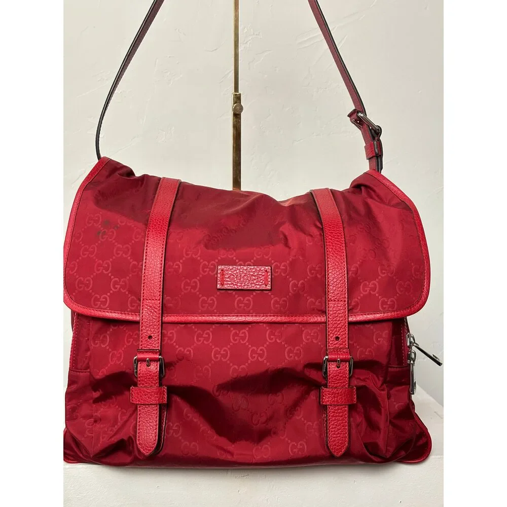 Gucci Red Nylon Monogram Double Buckle Flap Messenger Bag